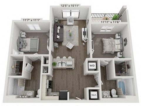 a 3d drawing of a four bedroom apartment
